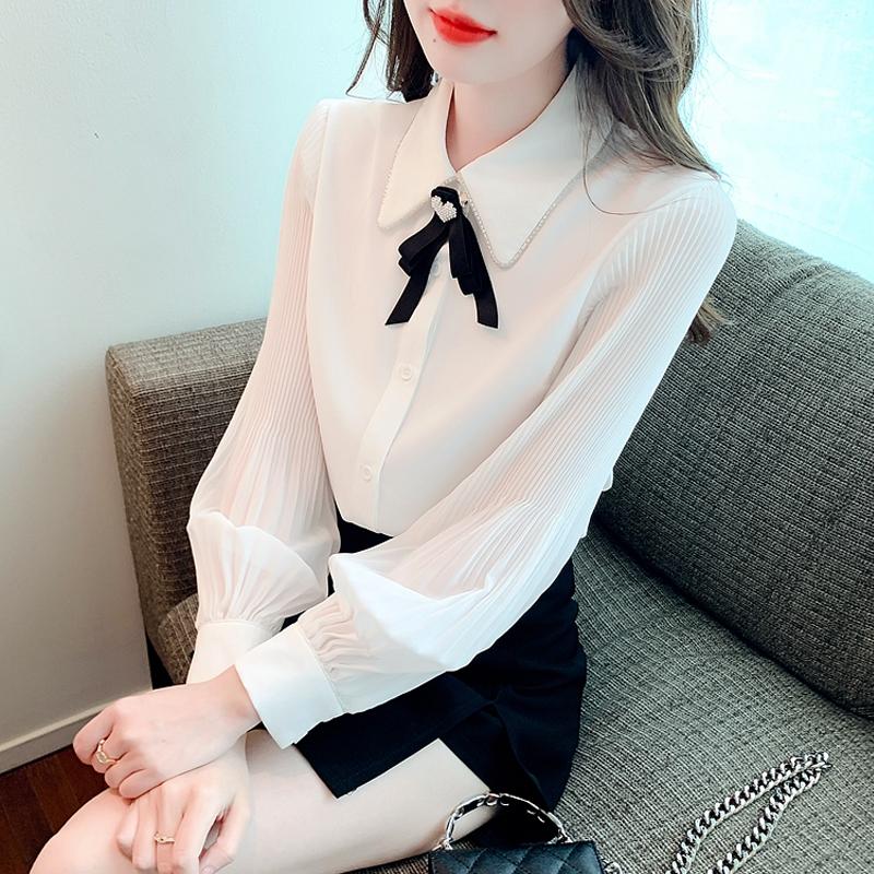 Fashion New 2024 Autumn Long Sleeve Bow Turn Down Collar Office Lady White Chiffon Blouse Shirt Women Tops Blouses Shirts J506