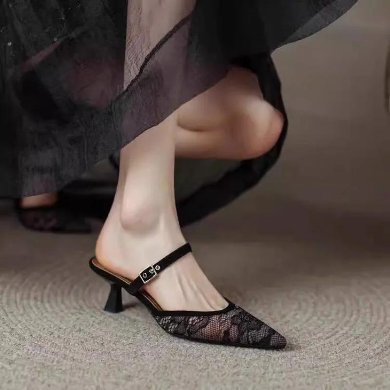 Fashion Mesh Sandals Women's 2025 New Baotou Half Slippers Wear Soft Sole High Heels Outside