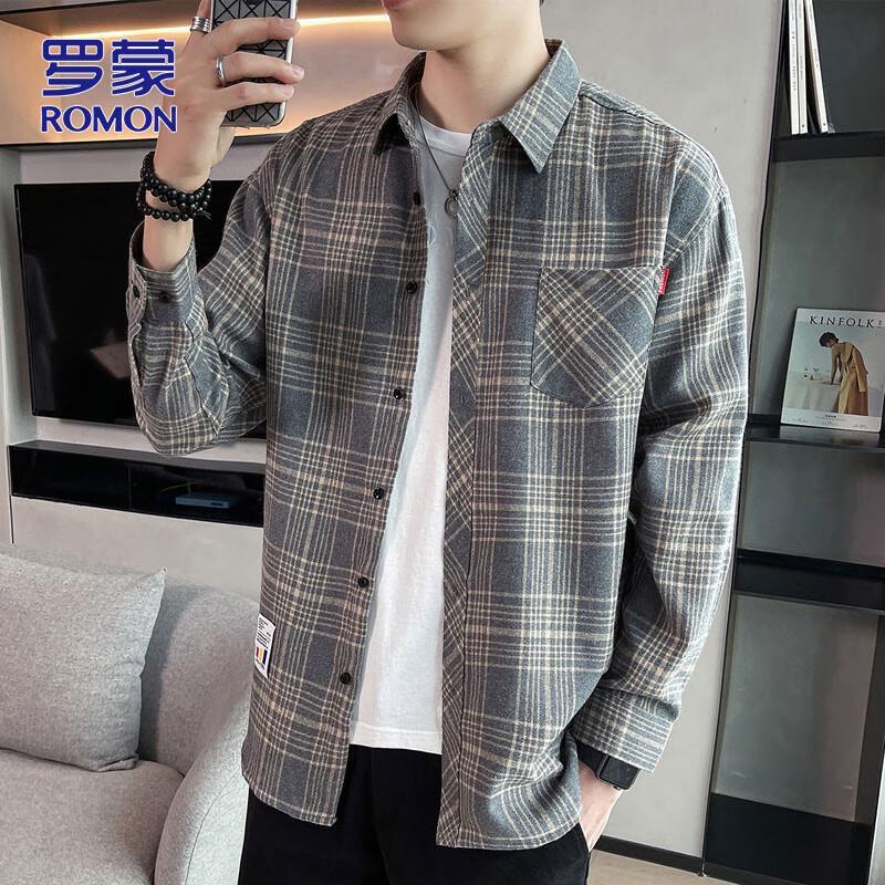 Romon Men s Plaid Long-Sleeve Casual Shirt