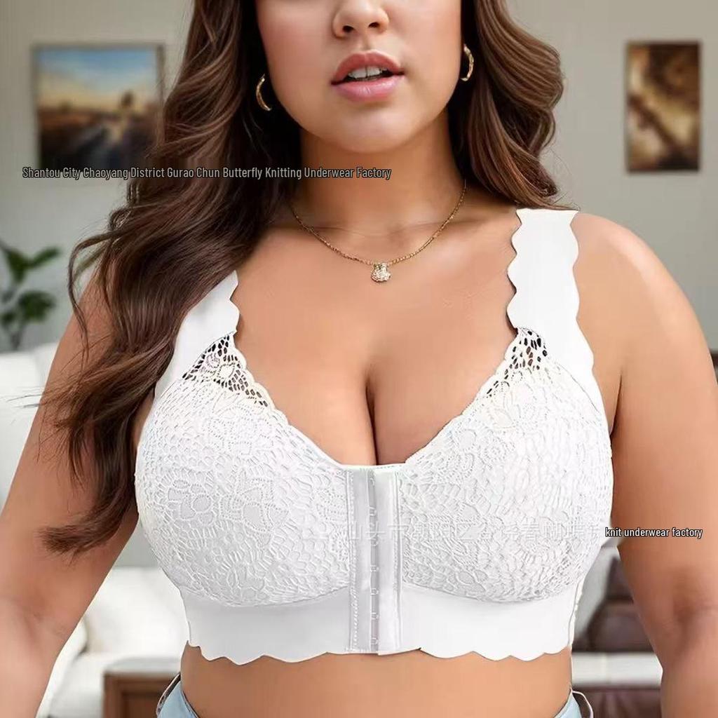 European & American Plus Size Front Closure Push-Up Bra, Women's Fixed Cup Vest Style