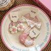 Korean Style Pink and White Polka Dot Cotton Flower Bow Hair Tie for Girls - High Elastic Double Ponytail Rubber Band