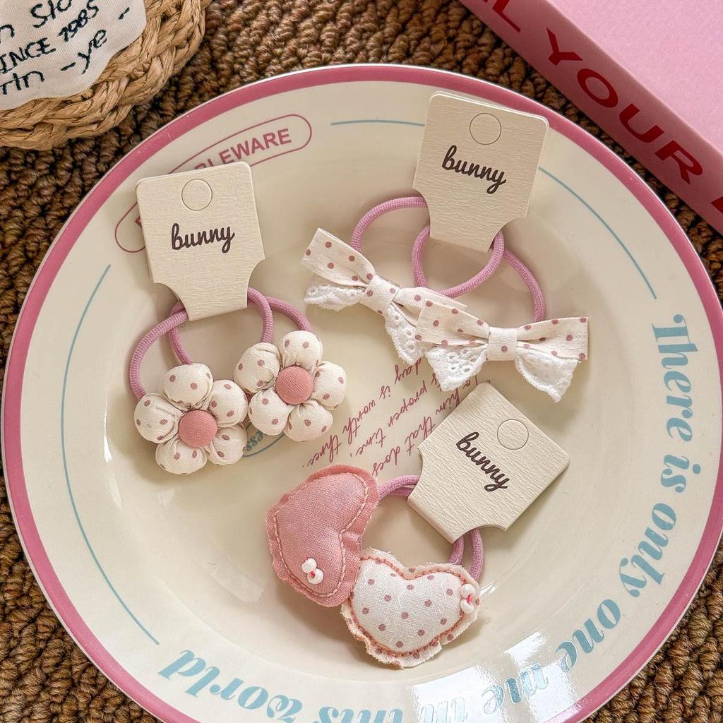 Korean Style Pink and White Polka Dot Cotton Flower Bow Hair Tie for Girls - High Elastic Double Ponytail Rubber Band