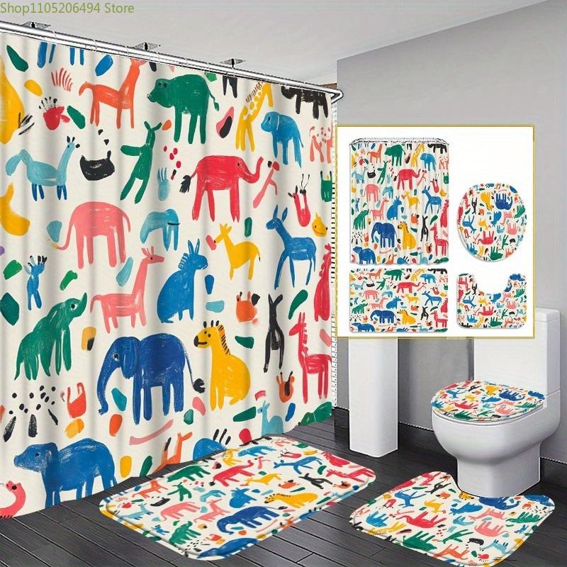 

1/3/4pcs Animal Print Bathroom Set with Shower Curtain, Bath Mat, U-Shaped Mat & Toilet Cover - High Quality 180x180cm (71 ) B 4pcs-Set
