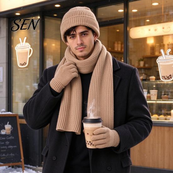 Soft Non Scratchy Winter Warmth Kit Men Knitted Hat Scarf Gloves Set, Solid Color Beanies, Warm Comfortable Windproof Knit for Daily Commute