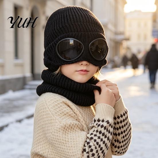 Comfortable Skin Friendly Winter Cap 1 Set Knit Hat Neck Warmer for Kids, Earflap with Goggles, Kids Gift School Travel Fleece Lined Aviator Cap, Warm