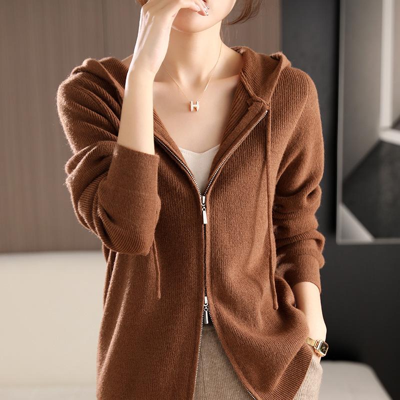 Zipper Knitted Cardigan Autumn and Winter Casual Simple and Fashionable Hooded Women's Jacket