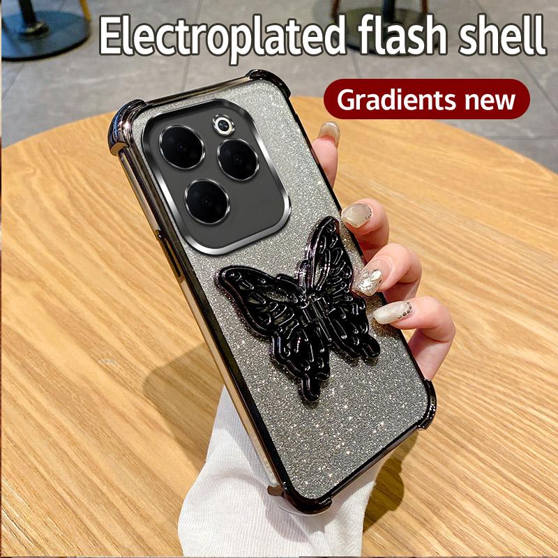 Luxury Plating Shockproof Butterfly Stand Phone Case For Infinix Hot 40 Pro 30 30i 40i 10S NFC 10 Lite 9 Play Glitter Soft Cover