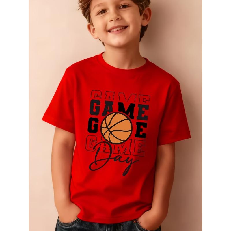 Boys Summer Crewneck Short Sleeve Tee, "GAME DAY" Basketball Cartoon Print Outdoor Casual Top