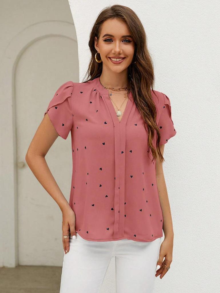 European American Women's V-Neck Heart-Shaped Sleeve Summer Top