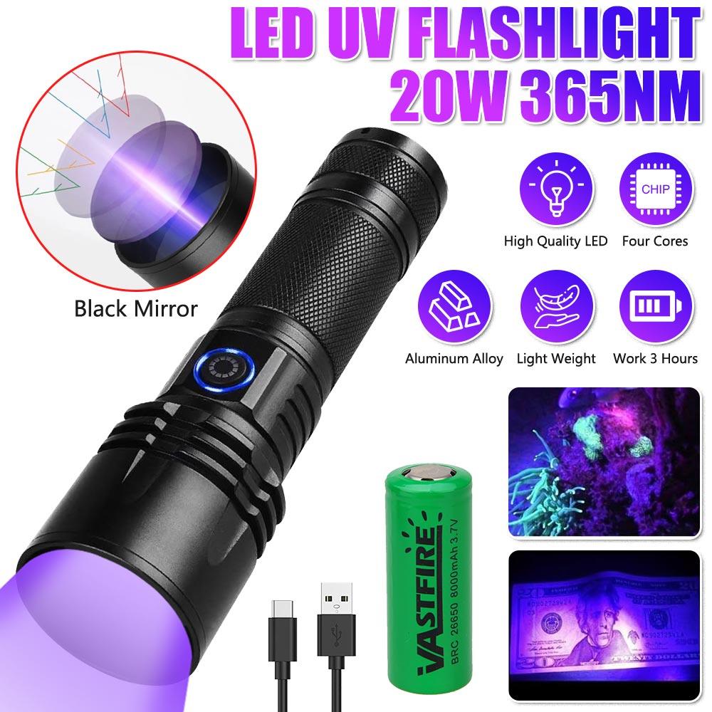 Lanternă UV 20W, 365nm, lumină neagră, lampă Woods, reîncărcabilă prin USB, lanternă cu ultraviolete, pipi pentru animale de companie, urină, pietre prețioase, detector de bani