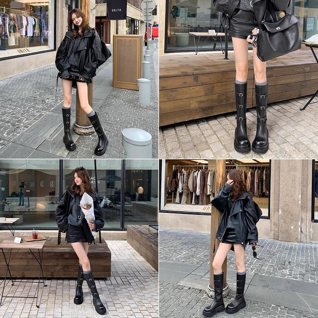 Die gleichen Knopfstiefel~ 6 cm dick besohlte Lokomotiv-Mittel- und Hochlederstiefel Ritterstiefel Damenstiefeletten Herbst und Winter