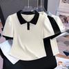 Summer Short Sleeve T Shirt For Women With Doll Collar And Spliced Fabric For Casual Wear
