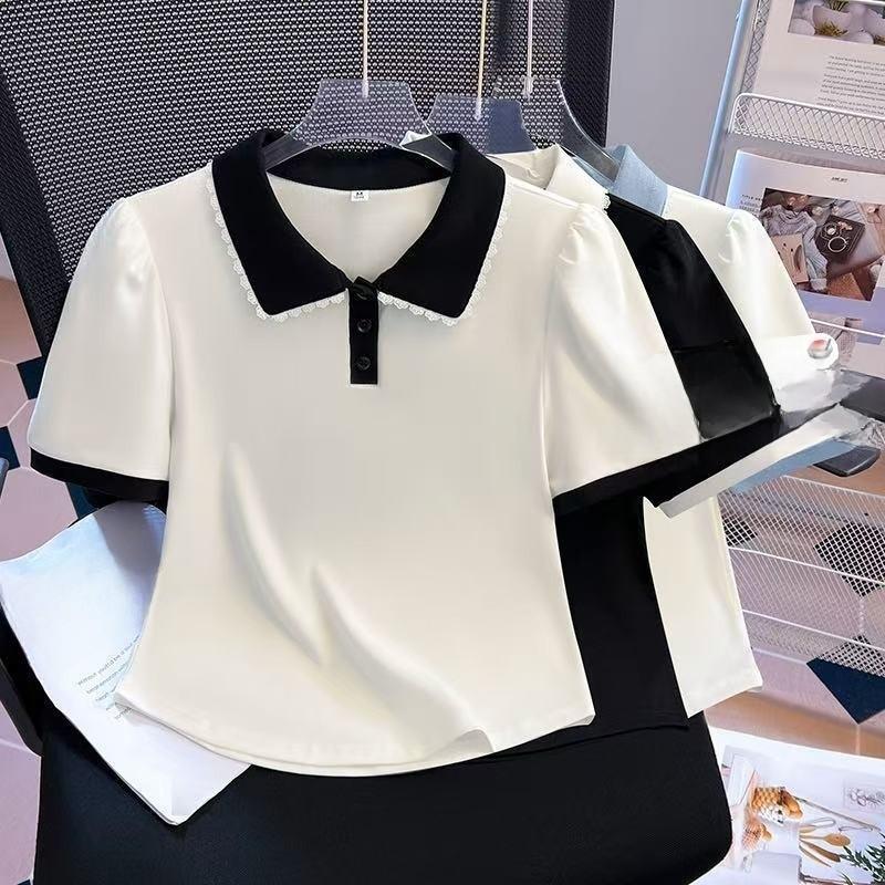 Summer Short Sleeve T Shirt For Women With Doll Collar And Spliced Fabric For Casual Wear
