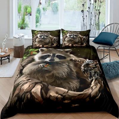 Rakun Nevresim Takımı Sevimli Hayvan Temalı Yatak Takımı Doğa Baykuş Yorgan Kılıfı Yaban Hayatı Tarzı King Boy Polyester Yorgan Kılıfı