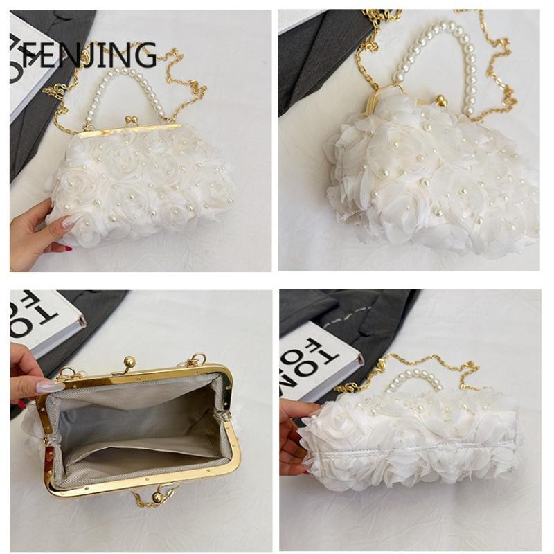 Red Flower Evening Banquet Bag Elegant Pearl Handle Chain Handbag Small Clutches Purse Seashell Shape Crossbody Shoulder Bag