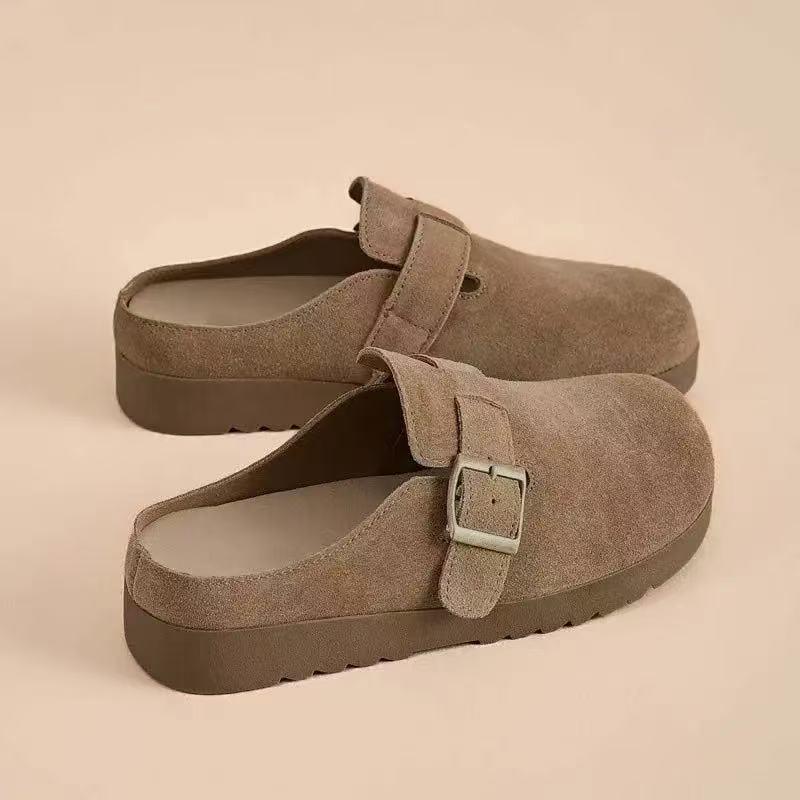 2024 Women's Fleece Half-Slippers: Closed-Toe Flat Birkenstock Style, Perfect for Pregnant Women & Outdoor Wear