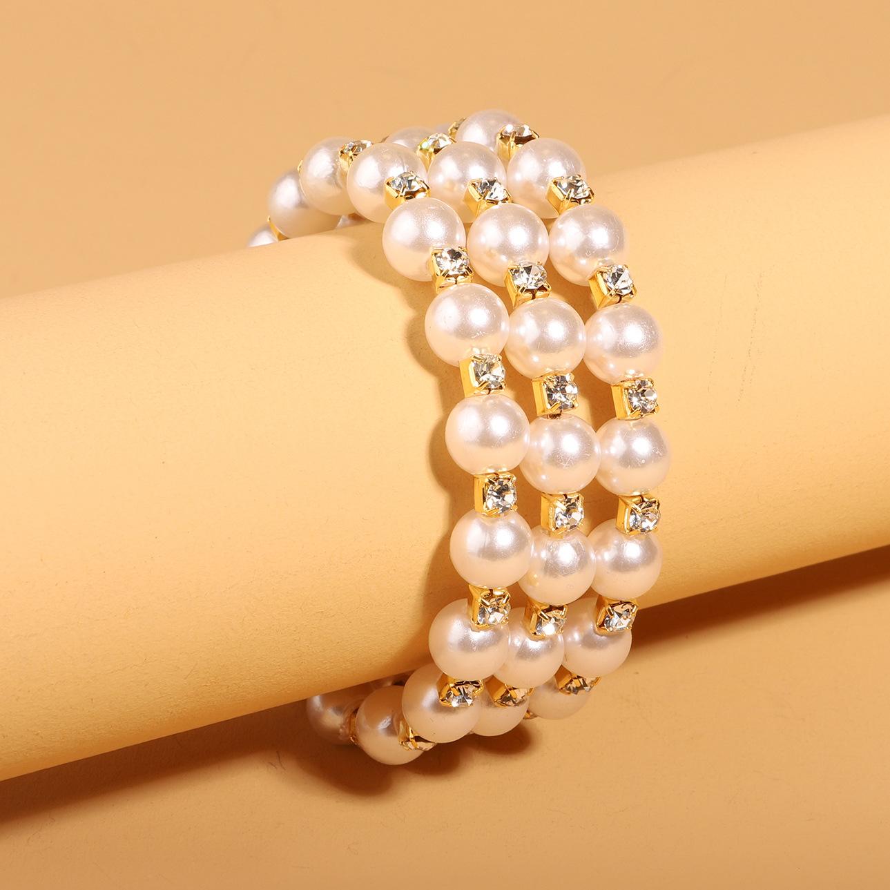 

Классический жемчужный браслет с тремя петлями, многослойный эластичный браслет с жемчугом и стразами золотой