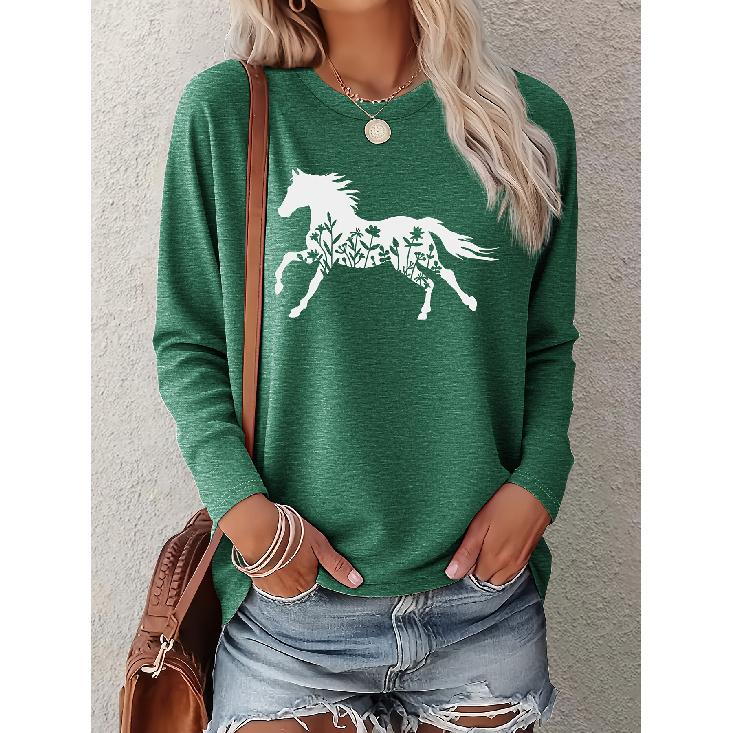 Women's Minimalist Horse & Plant Silhouette Print Casual Long Sleeve Elegant Summer Top, Fashionable, Cute & Vintage