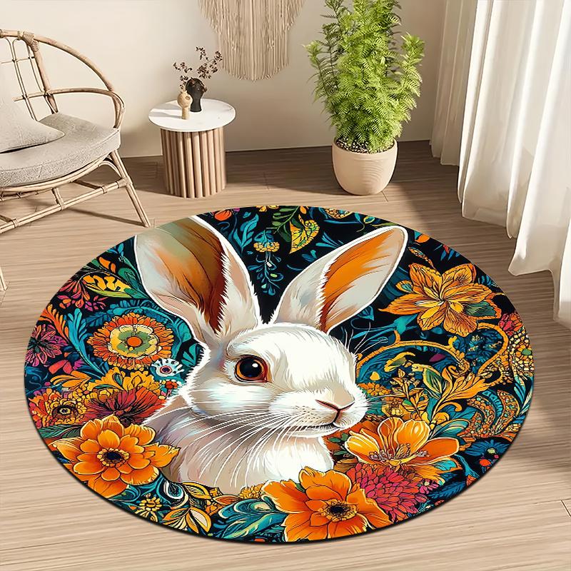 Rabbit floral style Flannel-printed round floor mats are slip-resistant Suitable for living room bedroom terrace garden carpets