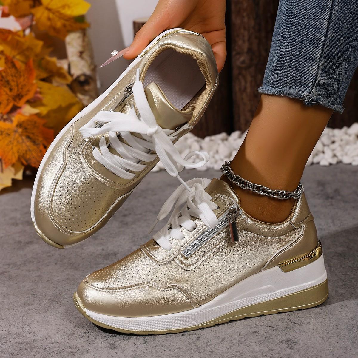 

Fashion Fashion Thick Bottom Silver Sneakers Women 2025 Spring Wedge Heel Vulcanized Shoes Woman Comfortable Lace Up Sport Sneaker Mujer 35