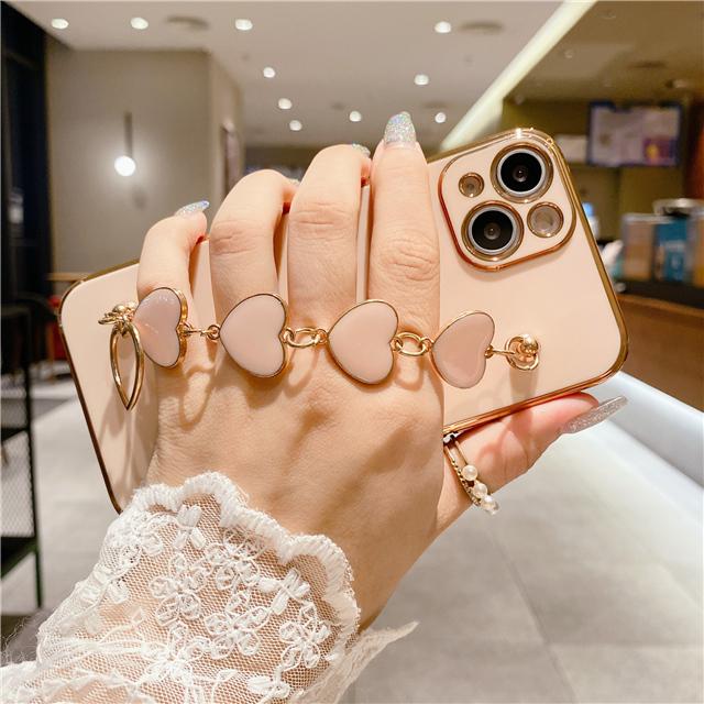 Luxury Gold Plating Bracelet Phone Case For iPhone 14 13 11 Pro Max XR XS 7 8Plus SE2 SE3 12Mini Fashion Heart Wrist Chain Cover
