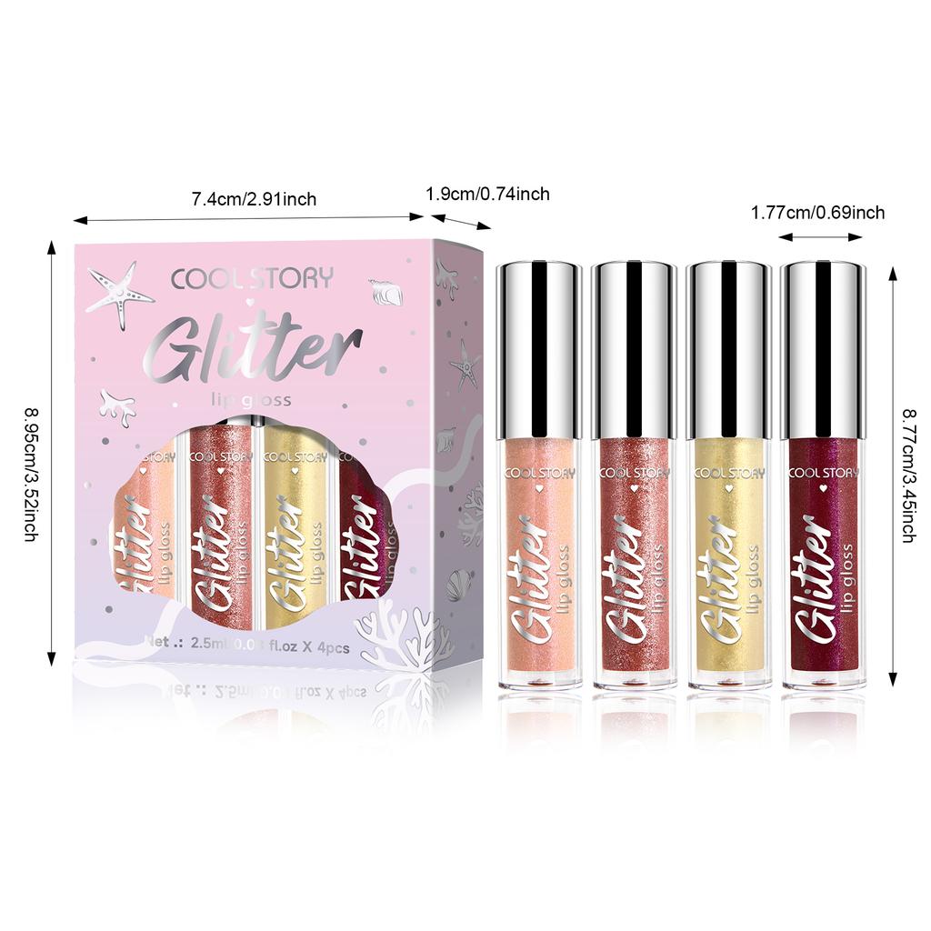 4 Pearlescent Sparkling Lip Gloss Set, 3D Dazzling Polarized Liquid Fine Sparkling Lip Cosmetics, Long-lasting Non-stick Cup Lip Gloss Set