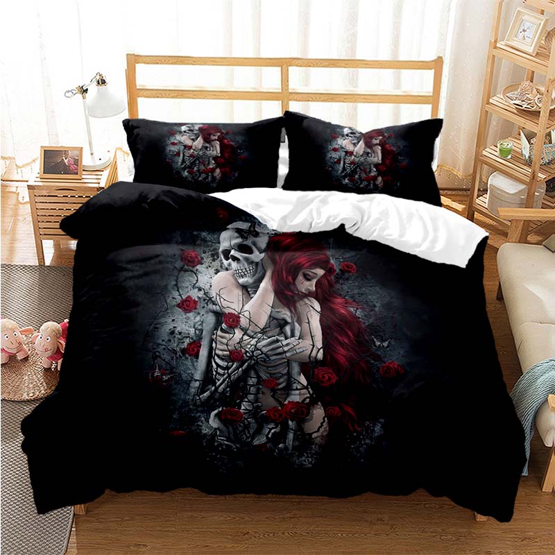 Sugar Skull Duvet Cover Set Queen Size Flowers Skeleton Bed Linen Double Bedding Set With Pillowcase King Size Skull Quilt Cover