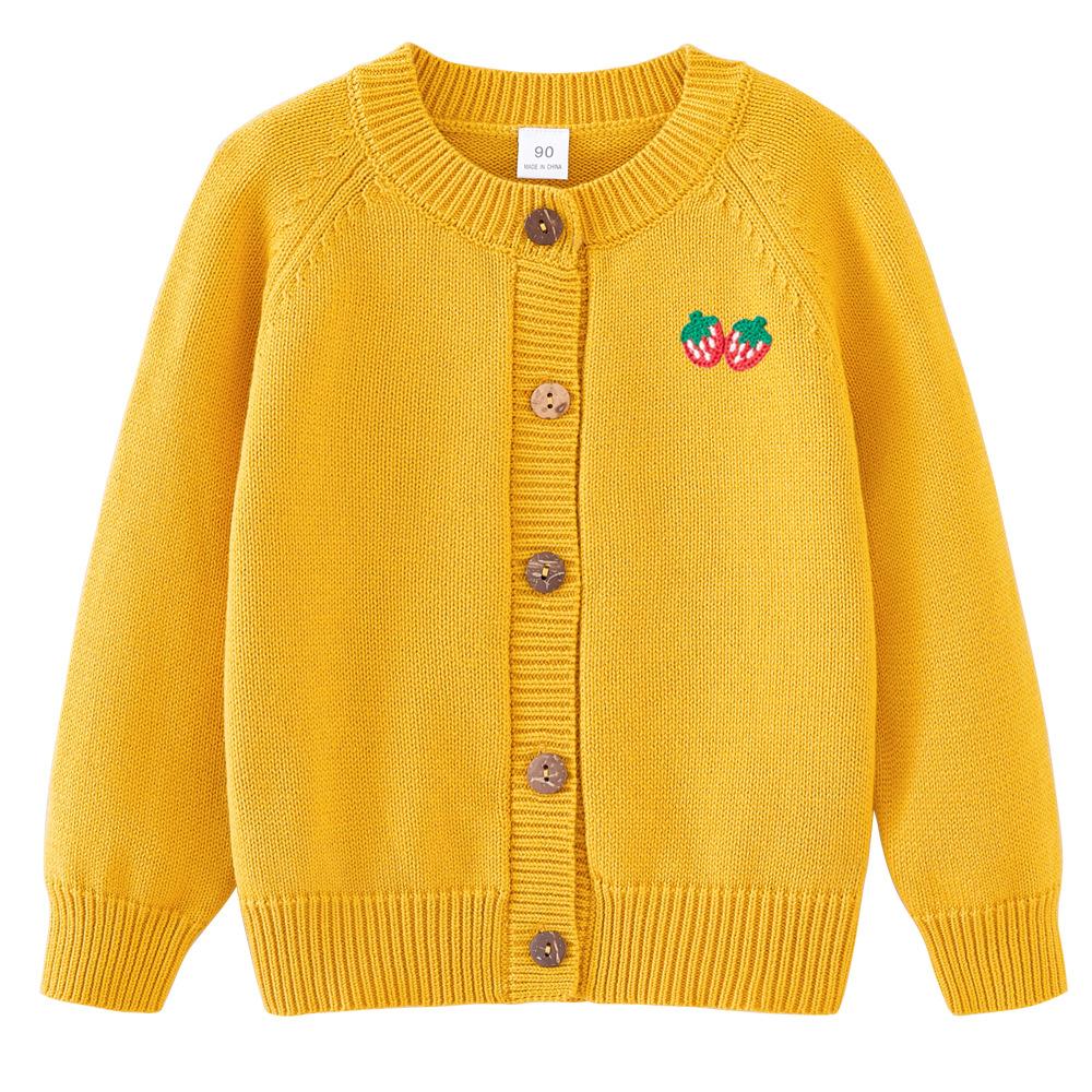 

Весенне-осенний детский свитер, куртка с длинным рукавом, из чистого хлопка, с клубничным принтом, с круглым вырезом, вязаный кардиган для девочки, шерстяной топ 140cm жёлтый