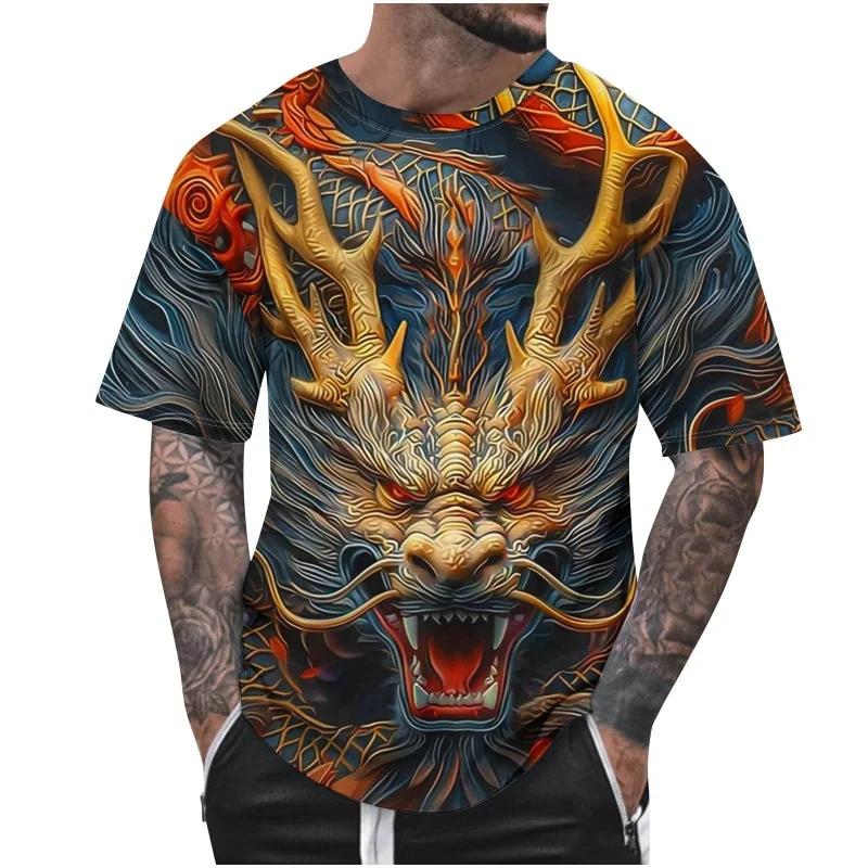 Best-selling Multi-color Retro Dragon Pattern Men's T-shirt, 3D Printed Trendy Casual Short-sleeved Round Top, Loose T-shirt