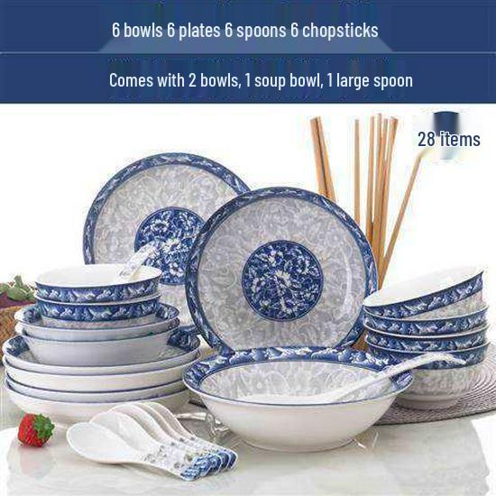 Blue & White 10-Person Porcelain Tableware Set: Rice Bowls, Vegetable Plates, and Microwaveable Soup Bowls