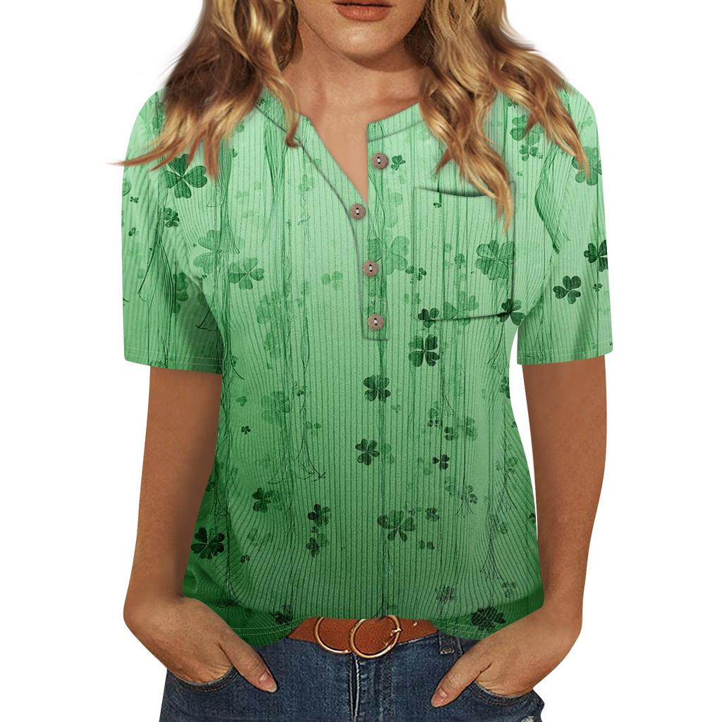 T-Shirts für Damen, plissiert, V-Ausschnitt, elegant, lässig, Blusen, bedruckt, kurzärmelig, Sommeroberteile, lockere Passform