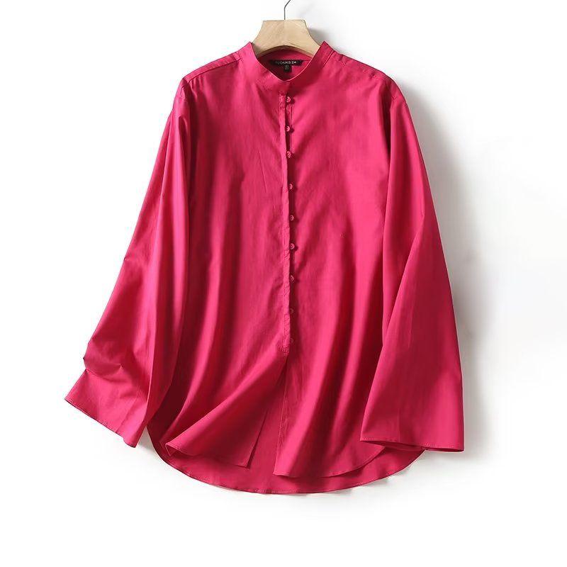 

MD Women s Clothing 2023 Summer New Arrival Light Stand Collar Plaid Ramie Blended Long Sleeves Shirt Female 05165715630 Peach L