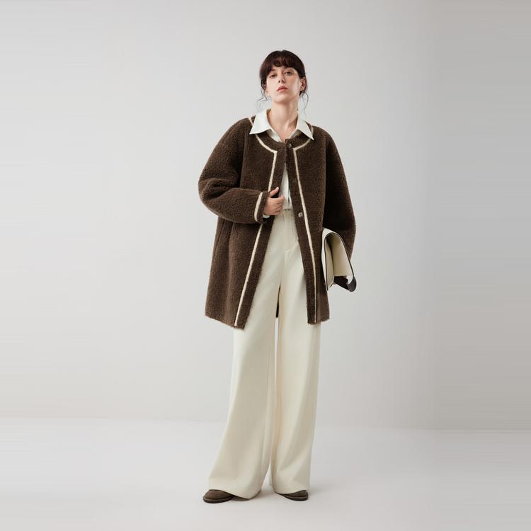 ELLE Retro Color Block Módní Design Ležérní Dlouhý Rukáv Plyšový Kabát z Jehněčí Vlny Dámský svrchní oděv EF52675