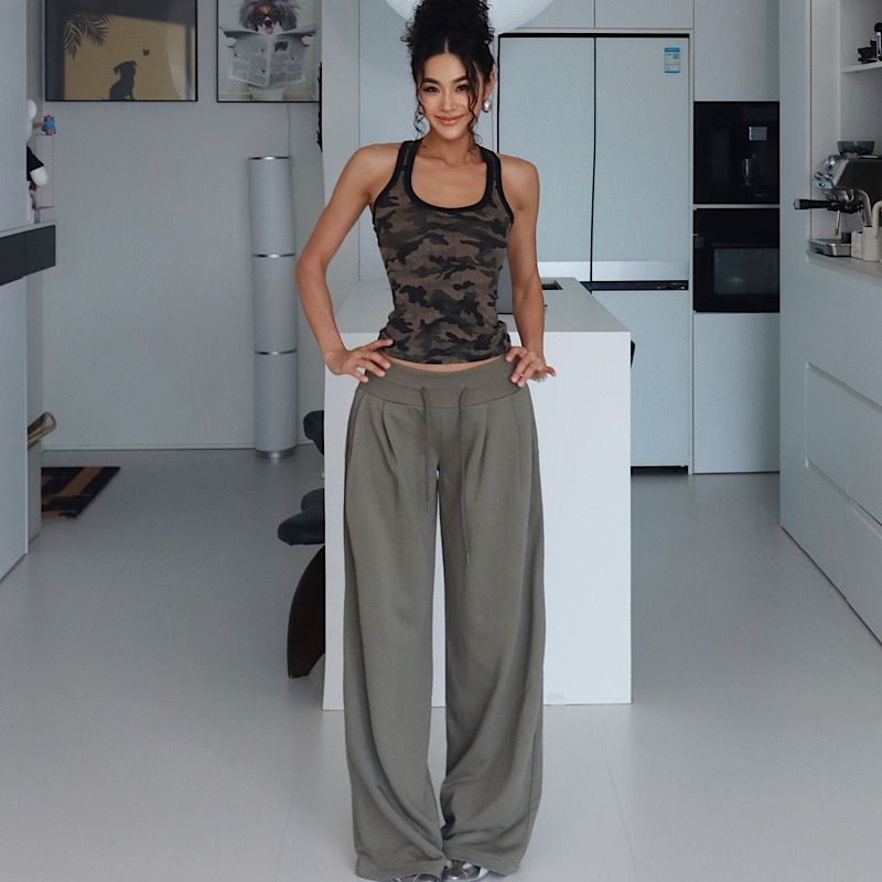 European and American Drawstring Casual Pants Women Summer New Lazy Loose Wide-Leg Pants Mop Pants Straight Pants