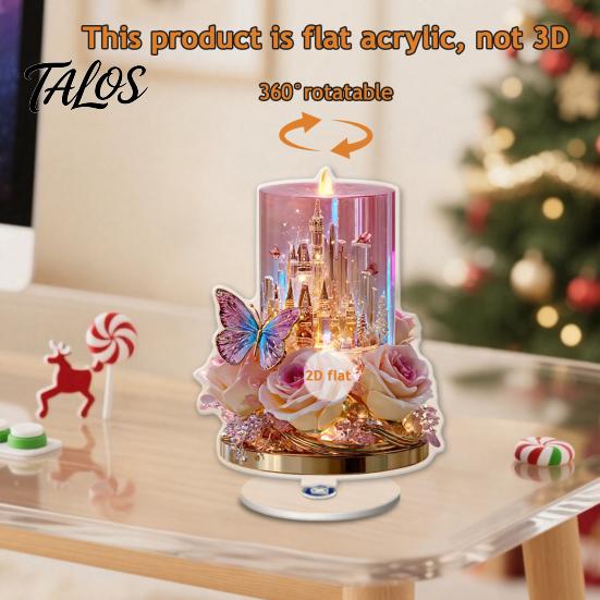Decorative Rotating Base Acrylic Desktop Ornament, 2D Flat Christmas Santa Snowman Cupcake Plaque with Gift for Home Winter Bookshelf, Mantel,