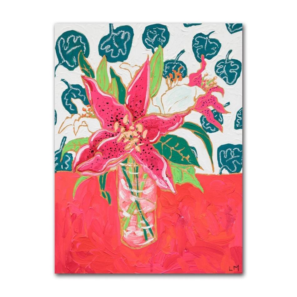 Nordic Flower Leaf Colorful Vase Art Print Wall Poster Canvas Painting Retro Picture Modern Home Decor Bedroom Decoration