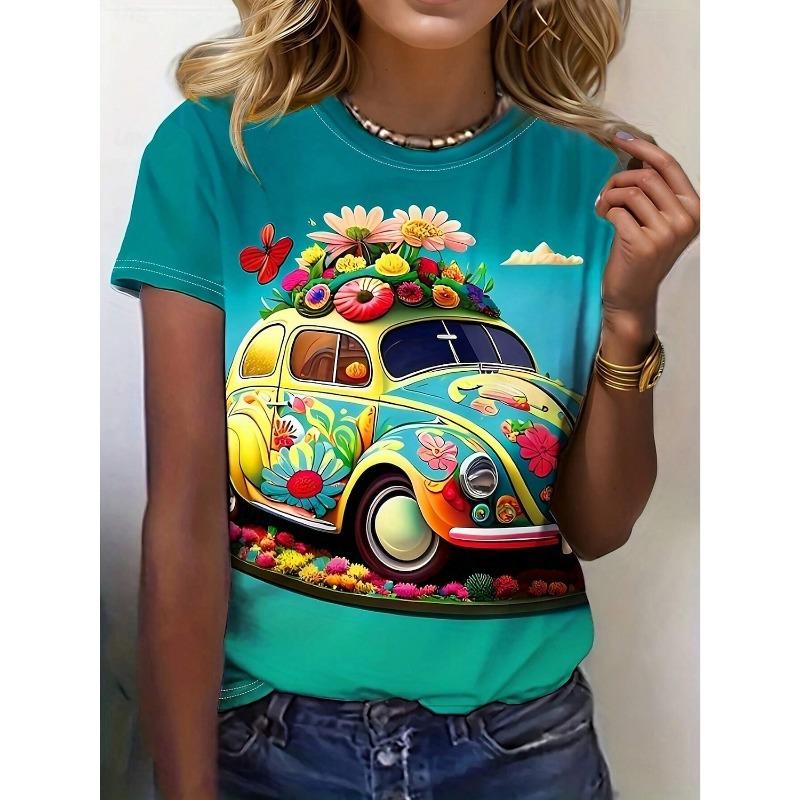 Damen Schönes Blumen 3D Druck T-Shirt Kurzarm T-Shirts Tops 3D Druck O-Ausschnitt Shirt Sommer Casual Damenbekleidung