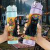 1PC Black Cat Colorful Floral Frame 750ml Color Plastic Sports Water Bottle Leakproof Flip Straw Lid Suitable for Sports Office Home Use