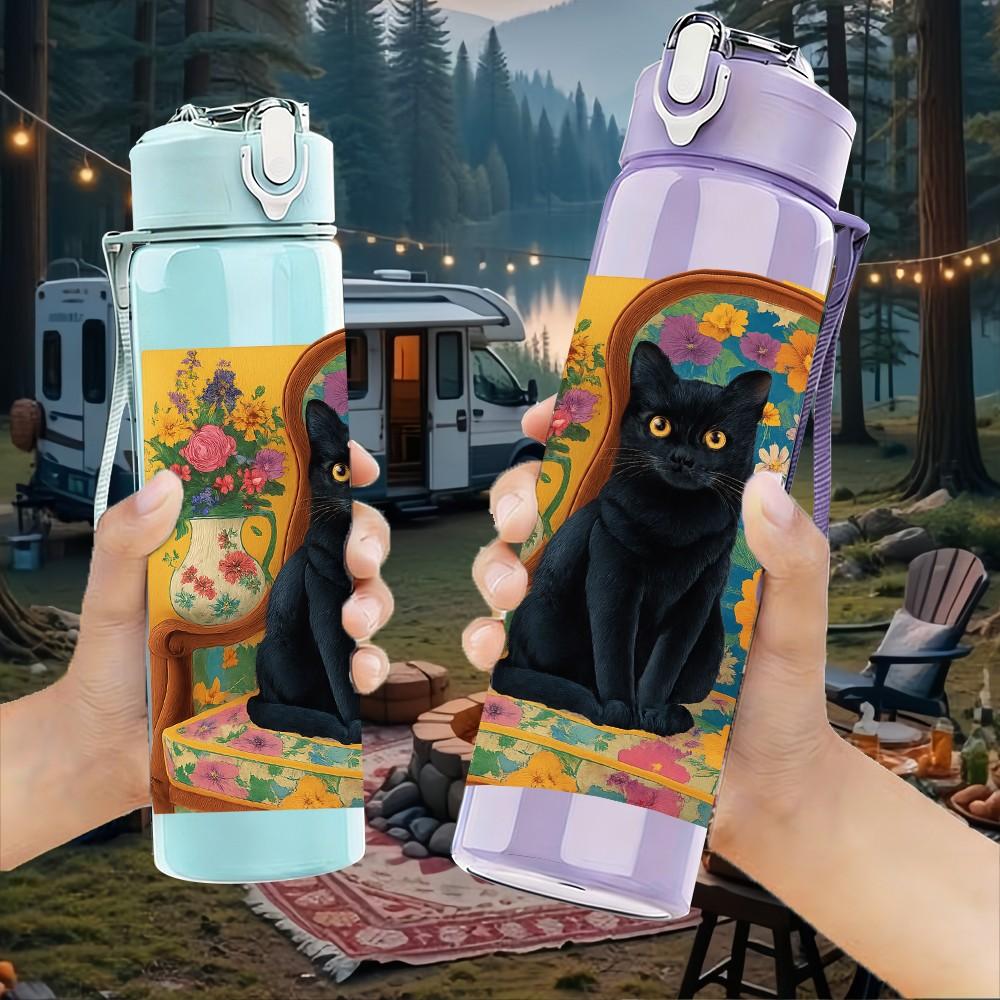 1PC Black Cat Colorful Floral Frame 750ml Color Plastic Sports Water Bottle Leakproof Flip Straw Lid Suitable for Sports Office Home Use