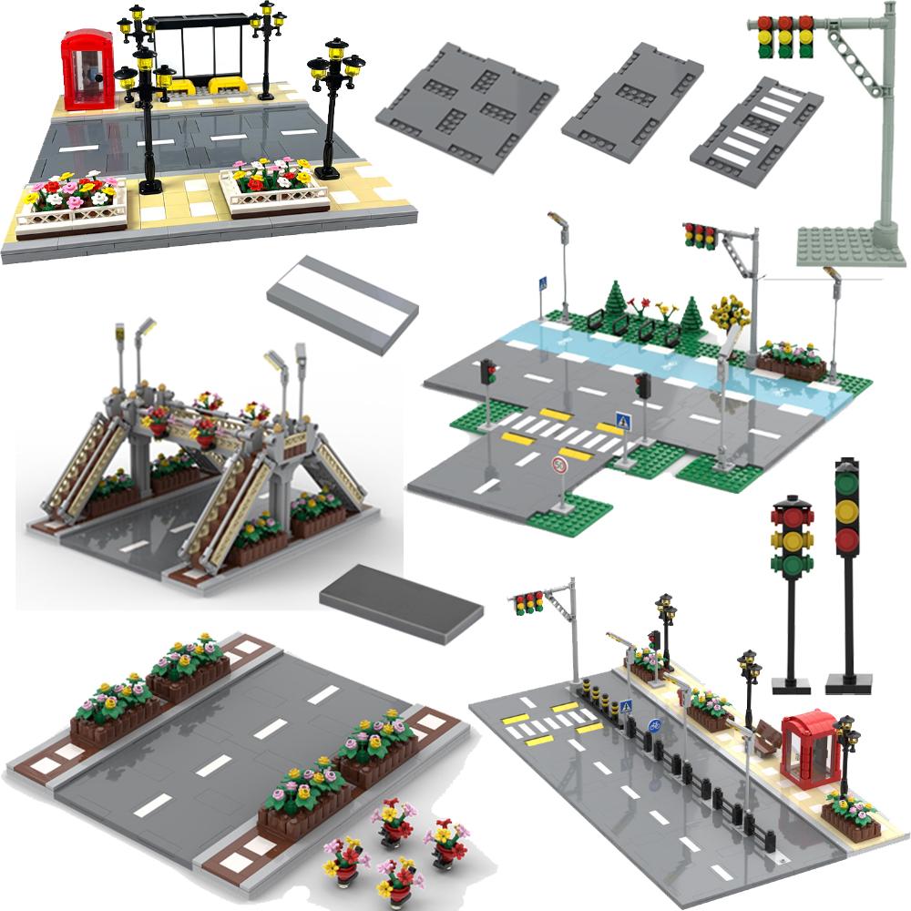 Pedestrian Bridge MOC Playthings Construction Bricks City Traffic Scene Street View Parts Blocks Traffic Motorway Works With City Bricksi