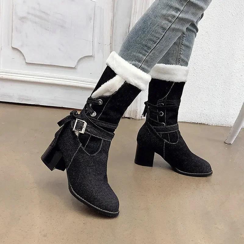 Mode Übergröße 6CM Absätze Damen Mid-Calf Schuhe Komfort Botas Mujer Top Qualität Damen Schneestiefel Warm Dickes Fell Winterstiefel Schuh