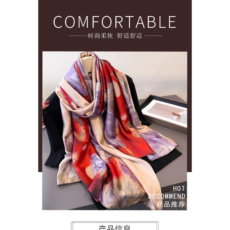 Spring and Summer Thin Printing Simulation Silk Brocade Sunscreen Contrasting Flower Silk Scarf Long Scarf Shawl Versatile Headscarf Scarf