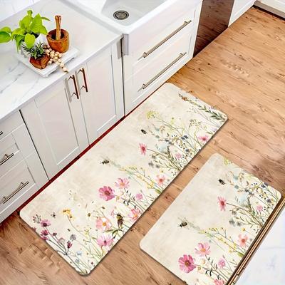 1Pcs Anti Fatigue Kitchen Rugs,Floral and Bee Print Waterproof Non-Slip Thick Cushioned Kitchen Mat Heavy Duty Comfort Standing Mat for Kitchen
