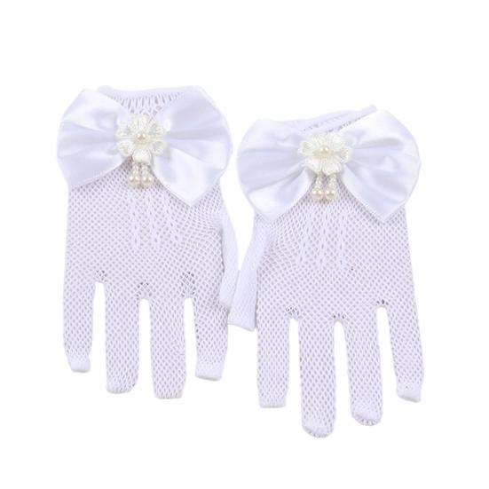 Lace Short Gloves for Little Girls 4-8 Years Tea Party Wedding Flower Gloves with Bow Kids Princess Dressing Gloves for First Communion Wedding Prom
