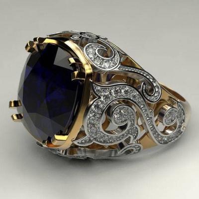 Royal Blue Fat Square Gemstone Two-Tone Pattern Luxury High-End Copper-Encrusted Zircon Ring