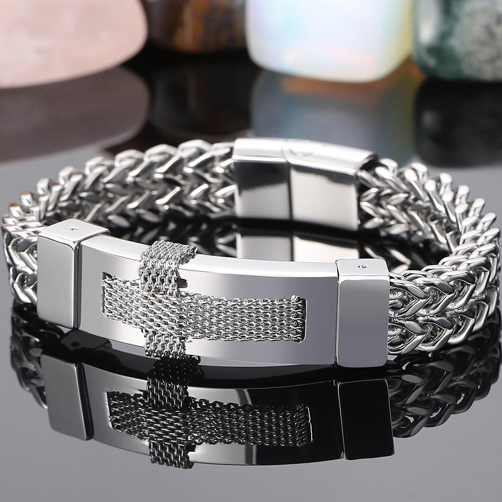 Gold Color Stainless Steel Cross Bracelets for Men Cool Men's Bracelet with Magnet Clasp Christian Male Jewelry Engraveable