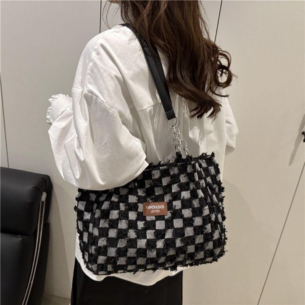 Plaid Women's Tote Bag Beggar Style Commuting Bags Korean Denim Shoulder Bags Ladies