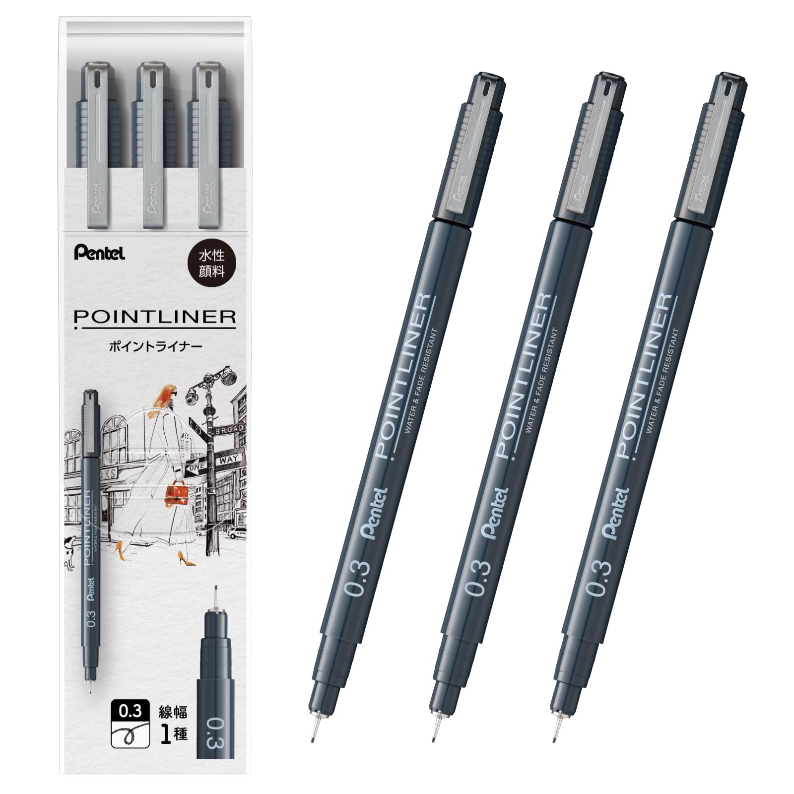 Pentel Point Liner Set of Water-Based Pen, 0.3mm, Black, 3, S20P-3AD3H чёрный