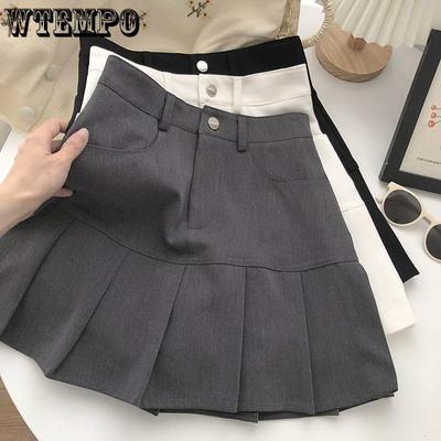 Šedá skládaná sukně Dámská sukně s vysokým pasem A-Line Sladký preppy styl Zip Pas Vestavěné šortky Nová móda Jaro a léto