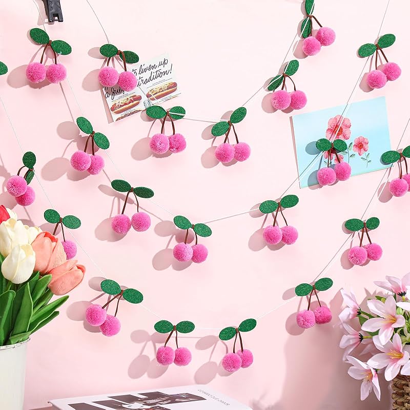 Jexine 3 Pieces Cherry Garland Decor Summer Cherries Party Decoration Pom pom Felt Bunting Banner 6.6 Ft Colorful DIY Fruit Hanging Ornaments for